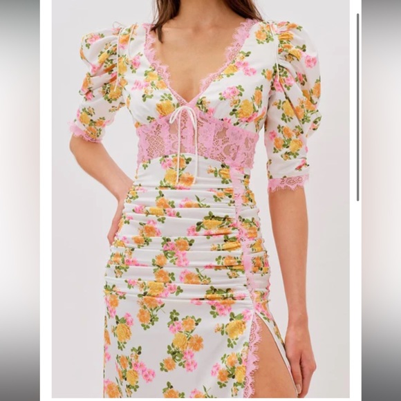 Women’s Xs Floral Dress For Love and Lemons Emma Midi Dress Silk w pink lace - Picture 2 of 8